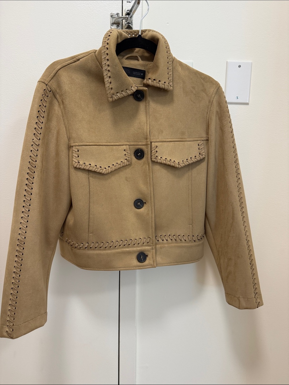 Zara Tan Suede Button-Front Trucker Jacket